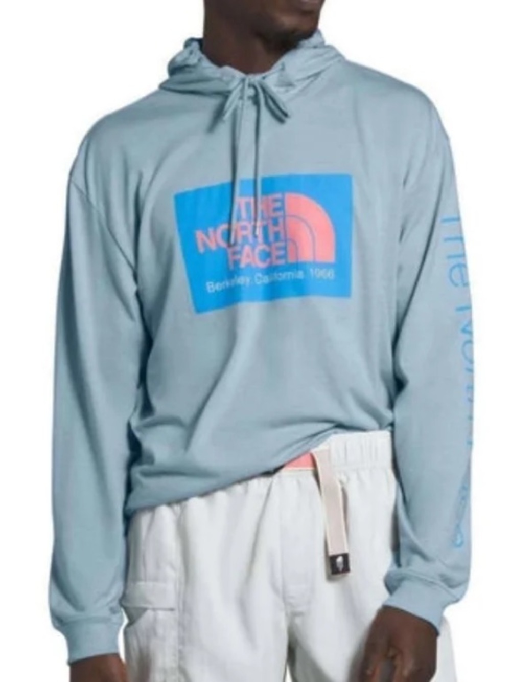The North Face Men’s Light Blue Pullover Hoodie with Pink & Blue Logo